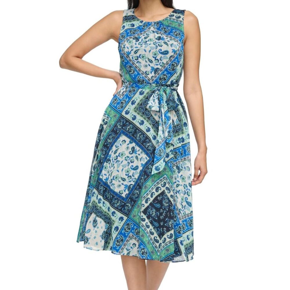JESSICA HOWARD Women Missy Sleeveless Tie Waist Chiffon Dress Sz: 10 Navy/Green